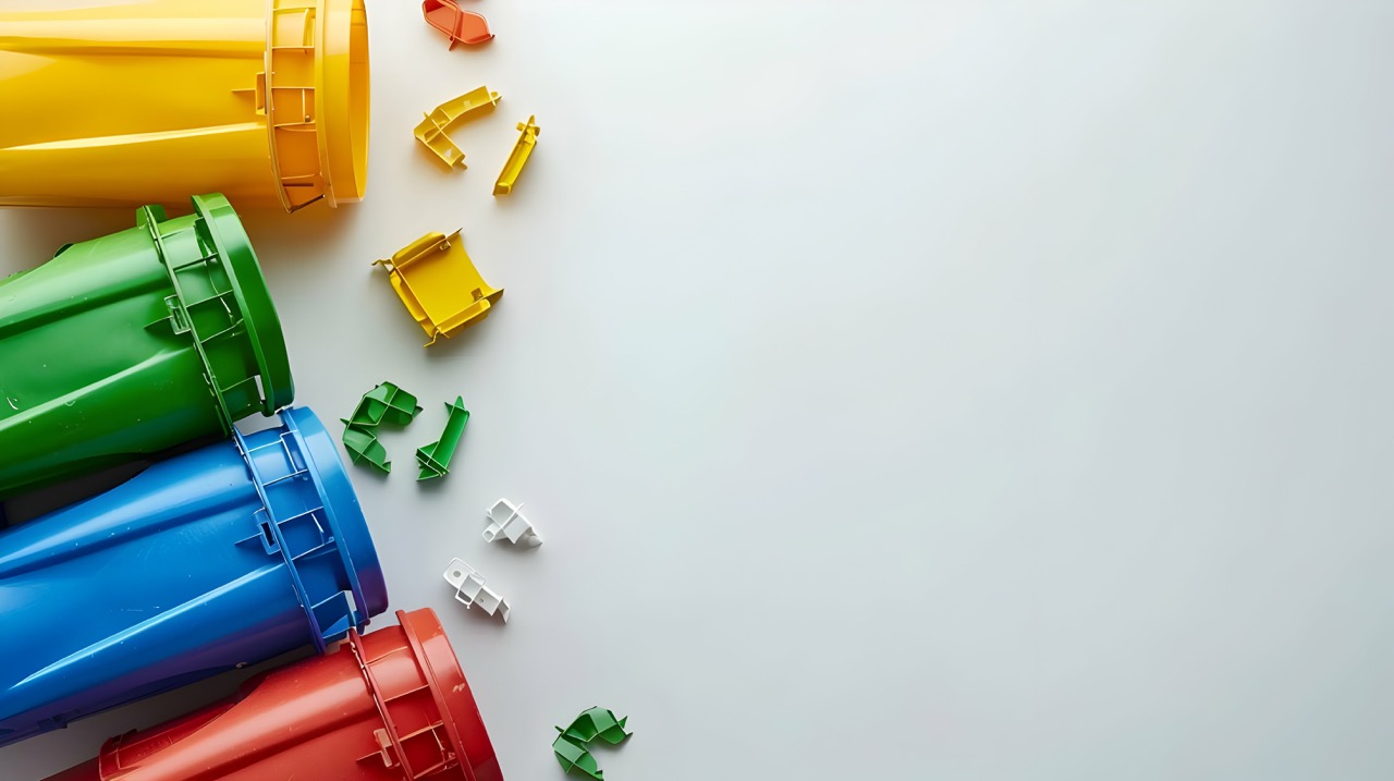 Colorful recycling bins arranged on a clean surface with scattered plastic parts nearby
