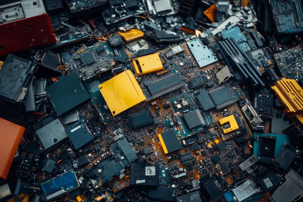 Close-up of discarded circuit boards, highlighting the problem of electronic waste and the need for recycling